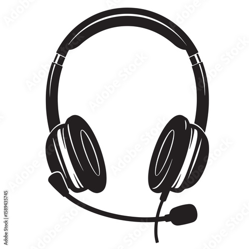 A simple black and white vector illustration depicting a headset with a microphone ideal for customer service or communication.