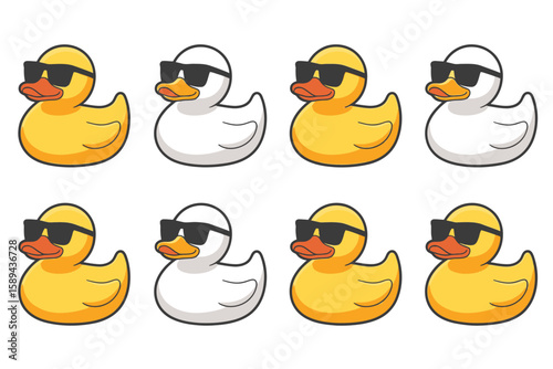 Yellow and white rubber ducks wearing sunglasses yellow duck