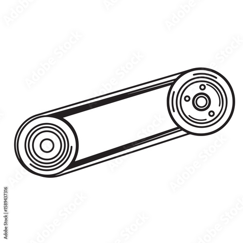 Black and white illustration depicting a timing belt connecting two pulleys often found in machinery.