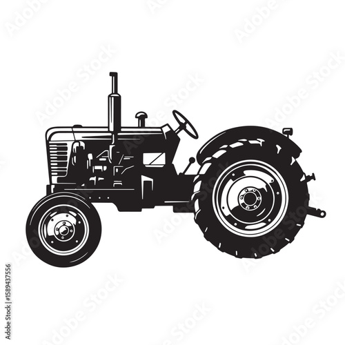 Black and white illustration depicting a vintage tractor on a white background suitable for agricultural concepts.