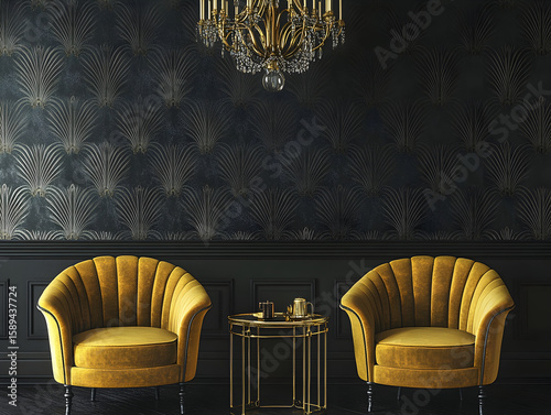 Art Deco wallpaper with a symmetrical pattern, two yellow velvet armchairs, and a brass side table between them