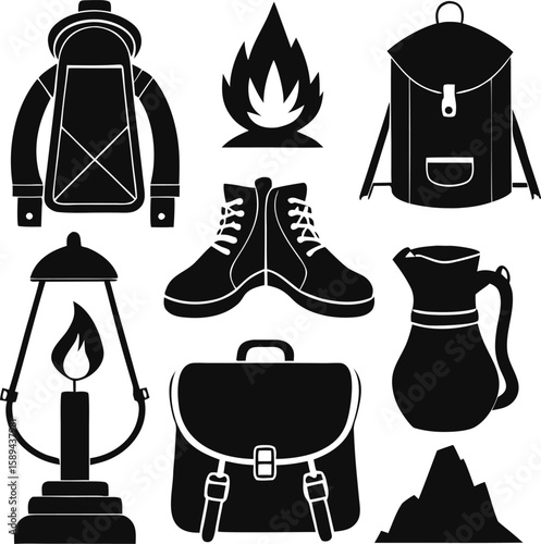  Camping Equipment Silhouette Vector Set