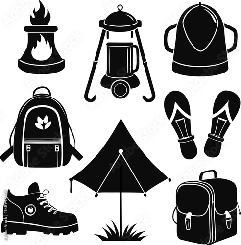 Camping Equipment Silhouette Vector Set