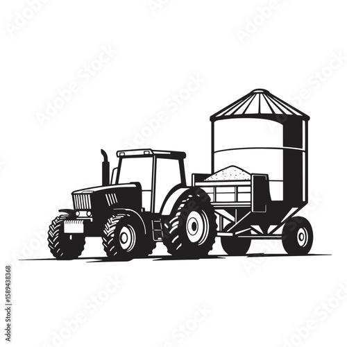 Black and white illustration of a tractor with a trailer carrying grain for farming and agriculture