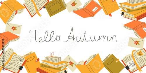 Hello Autumn Banner with Books Frame in Fall Colors Flat Style