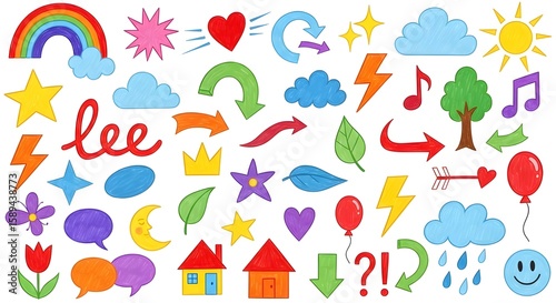 Set of colorful hand-drawn doodles and stickers with speech bubbles, arrow and heart