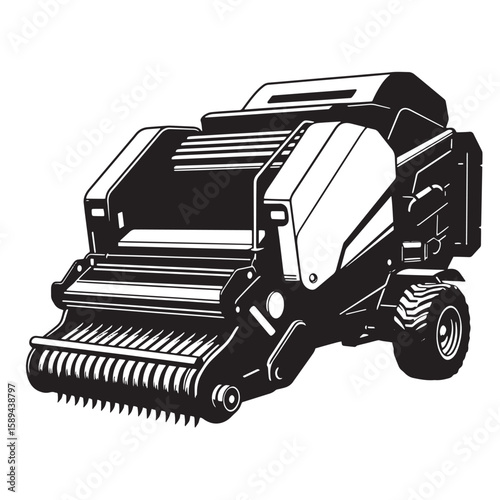 Black and white line art illustration of a baler agricultural machine used in harvesting crops for farming purposes.