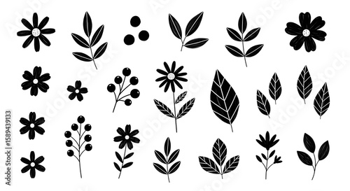 Collection of minimalistic floral elements in black and white