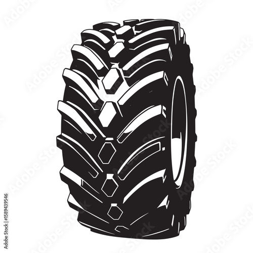 Black and white vector illustration of a heavy duty tractor tire showing tread details and design for construction