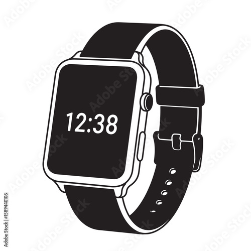 Clean vector illustration of a modern smartwatch displaying time with a black strap isolated on white background