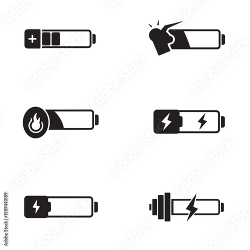 Collection of battery icons illustrating different charging statuses and energy levels for technology and design
