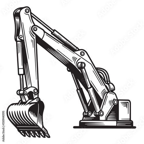 Detailed black and white illustration depicting an excavator arm and its bucket for construction or excavation activities.
