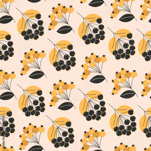 Seamless autumn fall pattern with clusters of berries and leaves in flat style for seasonal thanksgiving fabric and surface design
