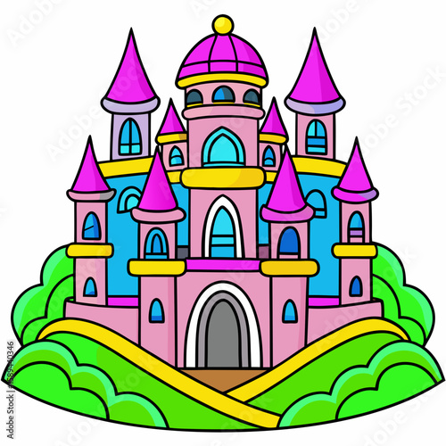 Black outlined fairy castle on a hill vector illustration