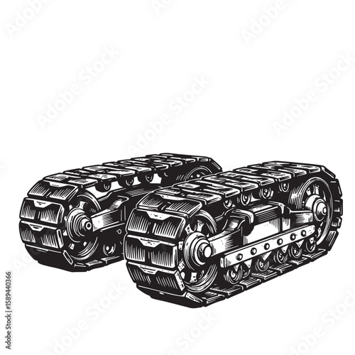 Detailed black and white illustration depicting two tank tracks in a technical and mechanical style