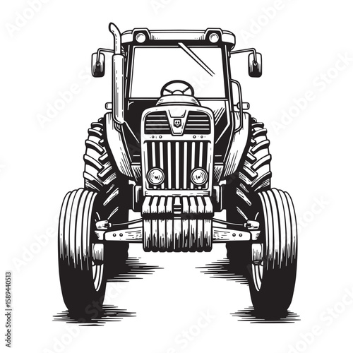 Detailed black and white illustration of a front-facing tractor showcasing agricultural machinery and rural farming equipment