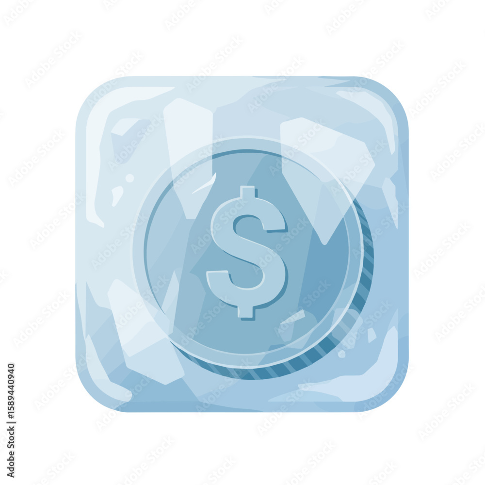 Frozen dollar coin in ice, colorful illustration, financial concept Frozen dollar coin in ice, colorful illustration, financial concept