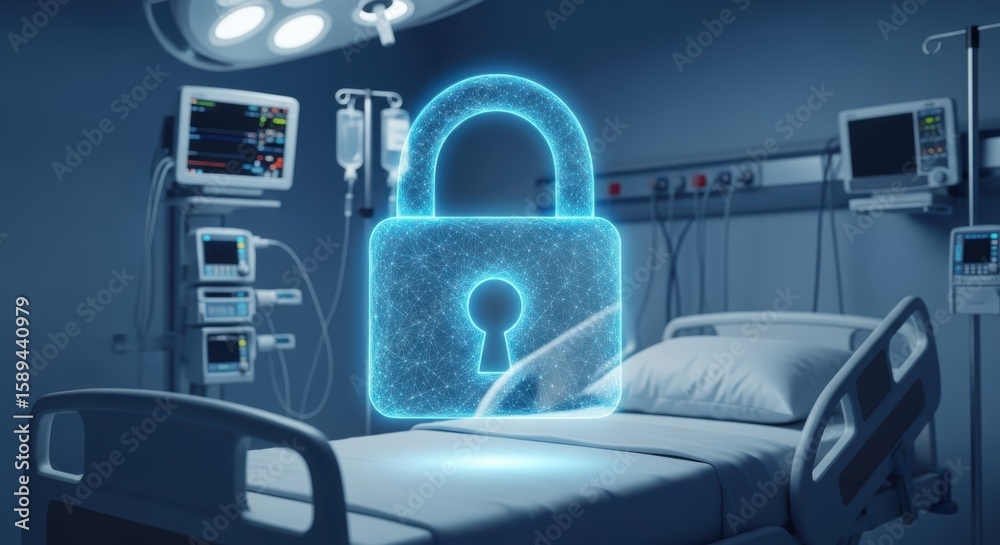 Fototapeta premium A hospital bed is secured by a glowing blue digital lock icon, symbolizing medical data security