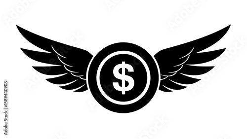 Vector illustration of a coin with a dollar sign in the center, flanked by stylized, feathered wings