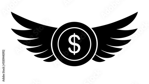Vector illustration of a coin with a dollar sign in the center, flanked by stylized, feathered wings