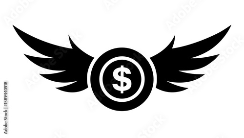 Vector illustration of a coin with a dollar sign in the center, flanked by stylized, feathered wings