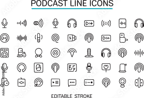 Turquoise Line Icon of a Microphone with a Sound Wave audio recording