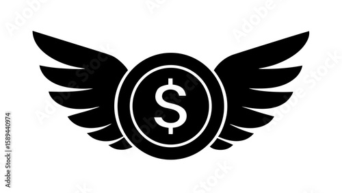Vector illustration of a coin with a dollar sign in the center, flanked by stylized, feathered wings