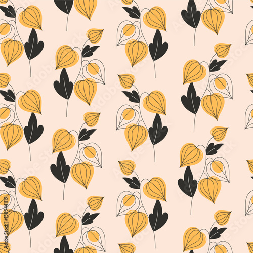 Seamless pattern of Physalis lanterns in flat style on light background for autumn fall seasonal fabric and wrapping design