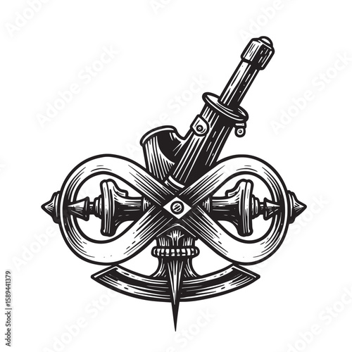 Detailed black and white illustration of a stylized intricate nautical and philosophical themed symbol emblem.