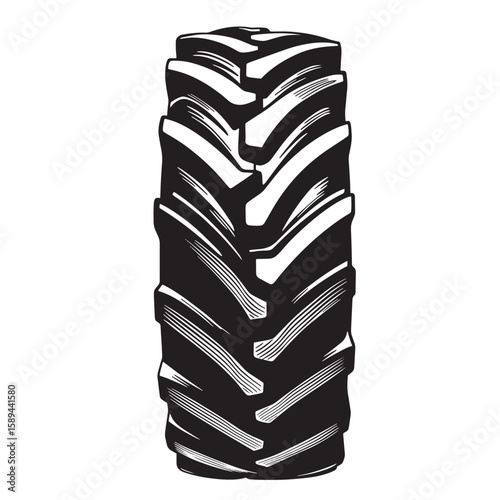 Detailed black and white illustration of a tractor tire featuring prominent tread pattern design