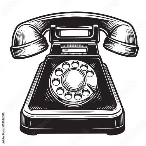 Detailed black and white illustration of a vintage rotary dial telephone ready to make calls in retro communication.