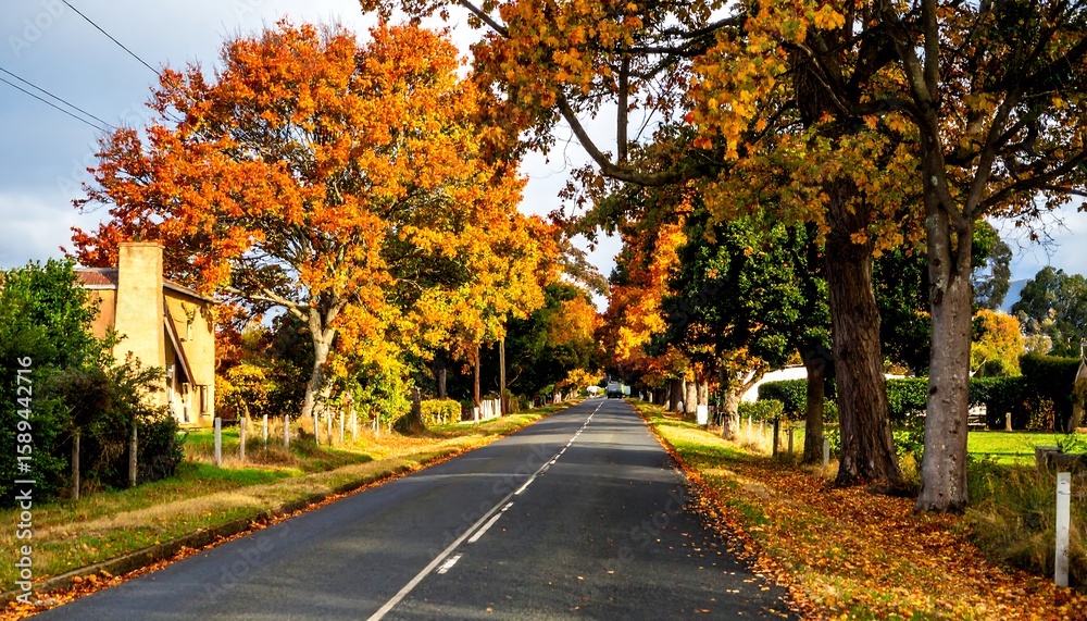Naklejka premium Autumn road scene with trees and sky.
