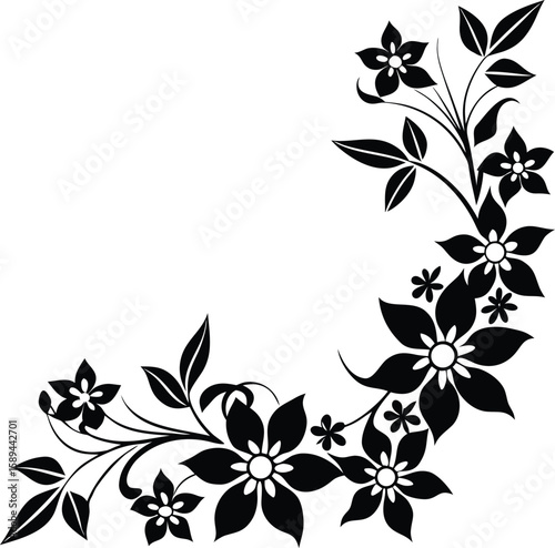 Floral scroll corner silhouette with jasmine blooms vector silhouette