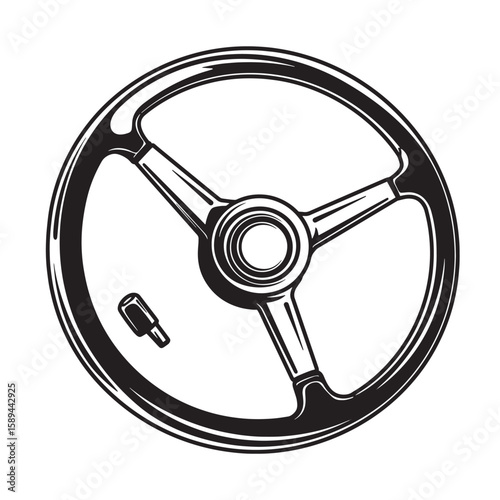 Detailed illustration of a classic car steering wheel with a vintage design and three spokes in black and white