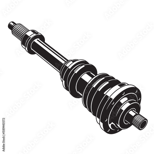 Detailed vector illustration of a black and white constant velocity cv joint used in the automotive industry for the drive shaft.