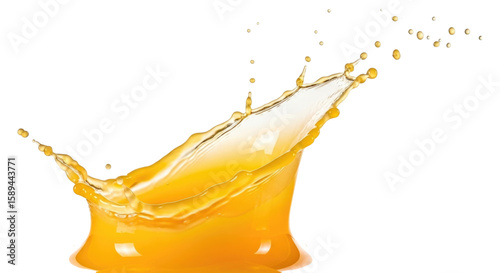 Dynamic splash of bright yellow liquid with droplets flying, cutout isolated on transparent bg, png