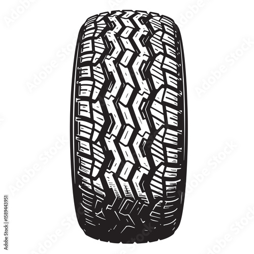 Detailed vector illustration of an off road vehicle tire showing tread pattern in a black and white style