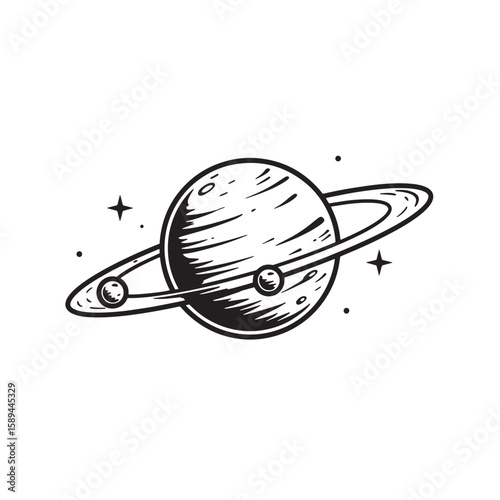 Intricate line art depiction of a planet with a ring system, surrounded by stars on a white background.