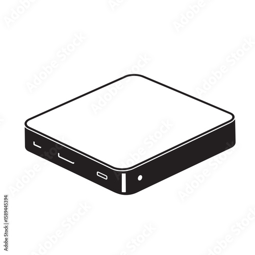Isolated illustration of a modern black power bank with charging ports and power indicator on a white background.