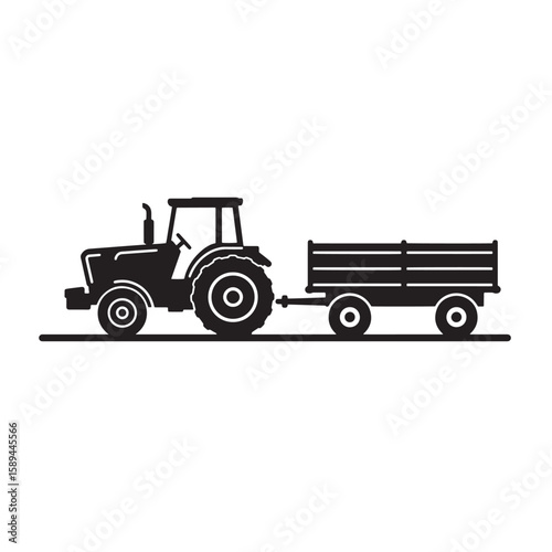 Silhouette illustration of a black tractor and trailer used in agriculture farming and transportation on white background