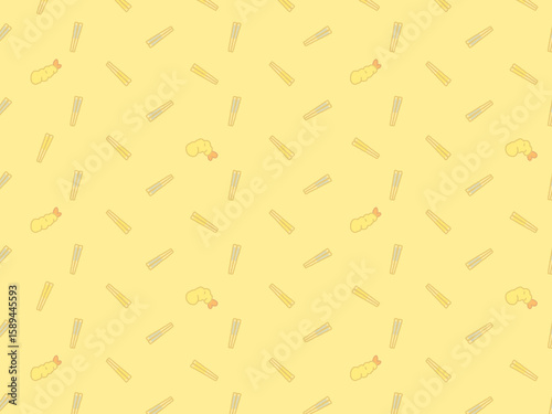 Chopsticks and Shrimp Tempura Seamless Pattern on Pale Yellow Background, popcorn background illustration