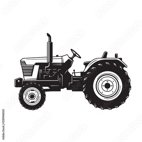 Silhouette illustration of a vintage farm tractor agricultural machinery with detailed outline and design elements for farm and agriculture.