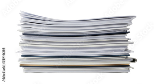Stack of printed documents and papers cutout isolated on transparent bg, png