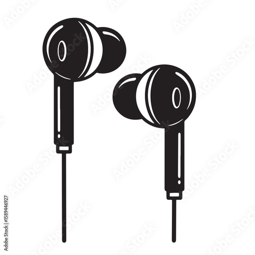 Simple black and white vector illustration of in ear headphones for music listening and audio communication.