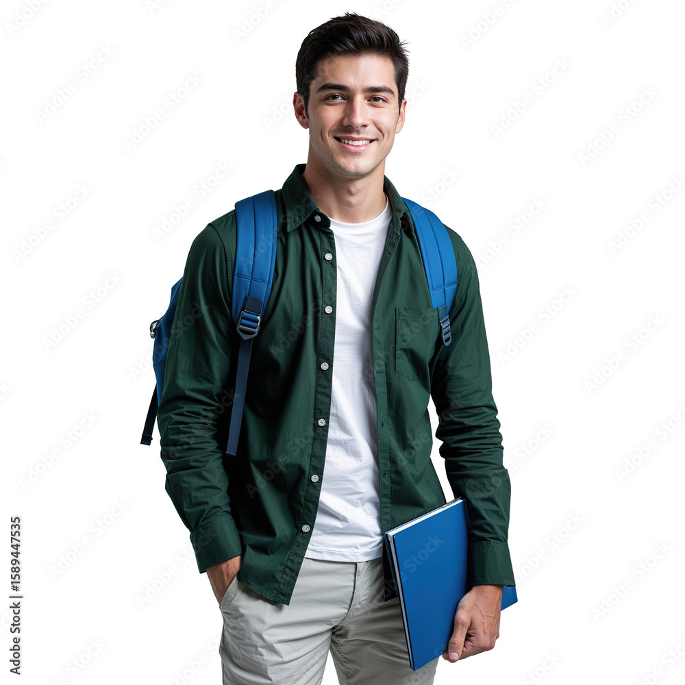 Obraz premium Happy Young Male Student Smiling with Blue Folder and Backpack on Isolated transparent background