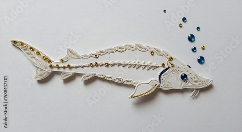 Quilled Paper Sturgon Fish with Gold and Blue Accents