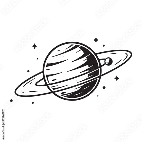 Vector illustration of a planet with rings and a moon surrounded by stars in a minimalist black and white style.