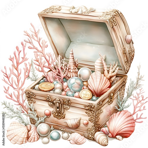 Underwater Treasures Clipart Set – Anchors, Pearls, Shells, Goldfish, Crowns, Coral, Helm, Treasure Chests – Watercolor Style