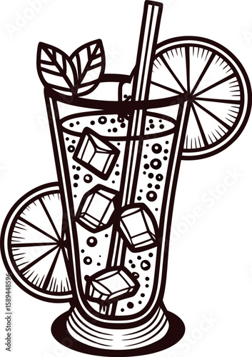 Refreshing citrus cocktail with ice cubes, mint leaves, and lemon slices in a tall glass, hand drawn illustration