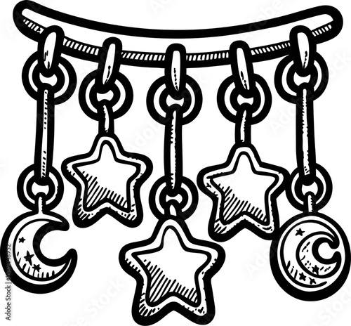 Hand drawn celestial mobile with hanging stars and crescent moons isolated on white background